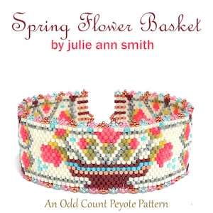 May include: A beaded bracelet with a colorful geometric pattern, featuring pink, blue, green, and brown beads. The bracelet is made with an odd count peyote stitch and is titled "Spring Flower Basket by Julie Ann Smith".