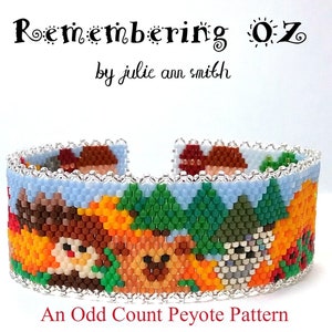 Puede incluir: Un brazalete de cuentas colorido con un patrón de personajes de El Mago de Oz. El brazalete está hecho con un punto de peyote de conteo impar y presenta un cielo azul, árboles verdes y personajes como el Espantapájaros, el Hombre de Hojalata y el León Cobarde. El brazalete se titula "Remembering Oz" por Julie Ann Smith.