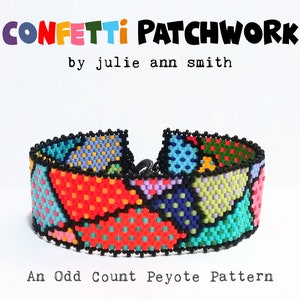 Puede incluir: Un brazalete de cuentas colorido con un diseño de patchwork de confeti. El brazalete está hecho con un punto de peyote de conteo impar y presenta una variedad de colores, incluyendo rojo, azul, verde, amarillo y morado. El brazalete se titula "Confetti Patchwork by Julie Ann Smith".