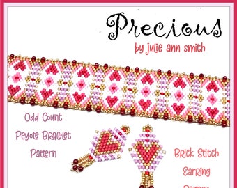 Julie Ann Smith Designs PRECIOUS Odd Count Peyote Bracelet AND Brick Stitch Earring Pattern