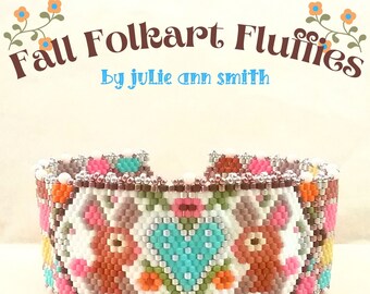 Julie Ann Smith Designs FALL FOLKART FLUFFIES Odd Count Peyote with Brick Stitch Bracelet Pattern