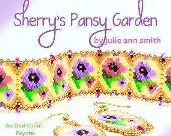 Julie Ann Smith Designs SHERRY'S PANSY GARDEN Odd Count Peyote Bracelet and Brick Stitch Charms Pattern