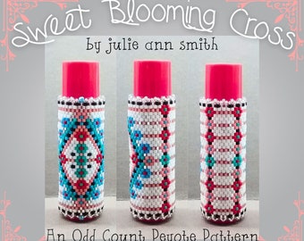 Julie Ann Smith Designs SWEET BLOOMING CROSS Flat Odd Count Peyote Lip Balm Cover Pattern