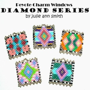 May include: Five square beaded charms with intricate geometric patterns in various colors, including pink, blue, green, and orange. Each charm has a silver-colored border and a small loop at the top. The text "Peyote Charm Windows DIAMOND SERIES by julie ann smith" is at the top.