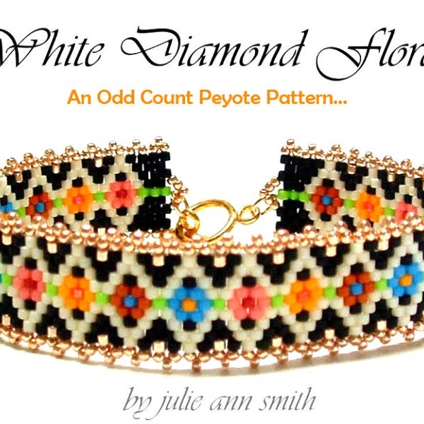 Julie Ann Smith Designs WHITE DIAMOND FLORAL Skinny Mini Odd Count Peyote Bracelet Pattern