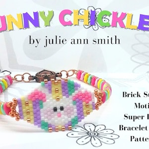 May include: A colorful beaded bracelet with a bunny charm. The bracelet is made with a brick stitch motif and super duos beads. The bracelet band pattern is called "Bunny Chicklets" by Julie Ann Smith.