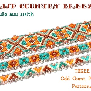 May include: Three beaded bracelets in a geometric pattern with orange, brown, turquoise, and white beads. The bracelets are labeled "CRISP COUNTRY BREEZE by julie ann smith" and "THREE Odd Count Peyote Patterns".