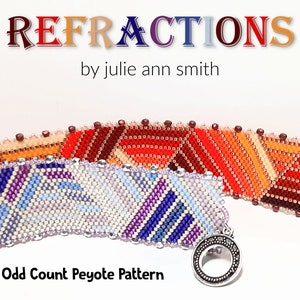 Puede incluir: Dos pulseras de cuentas con un patrón geométrico en tonos naranja, rojo, azul, morado y blanco. Las pulseras están hechas con un punto de peyote de conteo impar. El texto "REFRACTIONS by julie ann smith" está por encima de las pulseras. El texto "An Odd Count Peyote Pattern" está por debajo de las pulseras.