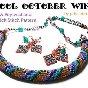 May include: A beaded necklace and earrings set in a cool color palette of turquoise, purple, gold, and white. The necklace is made with a peyote stitch and brick stitch pattern. The earrings are diamond-shaped and feature a copper wire accent. The set is titled "Cool October Wind" by Julie Ann Smith.