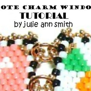 May include: Close-up of a beaded charm bracelet with a gold clasp. The bracelet is made with colorful seed beads in a peyote stitch pattern. The text "Peyote Charm Windows Tutorial by Julie Ann Smith" is visible at the top of the image.