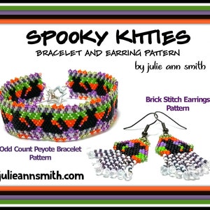 May include: A beading pattern for a bracelet and earrings featuring a black cat design with orange, green, purple, and white beads. The pattern is titled "Spooky Kitties Bracelet and Earring Pattern by Julie Ann Smith".