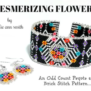 May include: A black and white beaded bracelet with colorful flowers and geometric patterns. The bracelet is made with an odd count peyote and brick stitch pattern. The image also shows a pair of matching earrings.
