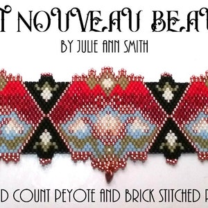 May include: A beaded bracelet with a red, white, and blue design. The bracelet is made with an odd count peyote and brick stitched pattern. The text "Art Nouveau Beauty by Julie Ann Smith" is above the bracelet. The text "Odd Count Peyote and Brick Stitched Pattern" is below the bracelet.
