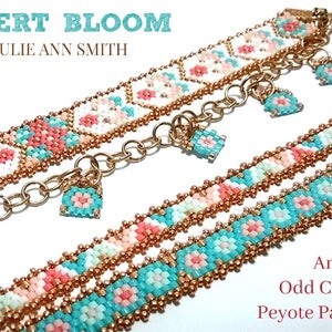 May include: Three beaded bracelets with a turquoise, pink, and white geometric pattern. The bracelets are connected with a gold chain and have small beaded charms. The text "DESERT BLOOM BY JULIE ANN SMITH" and "An Odd Count Peyote Pattern..." are visible in the image.