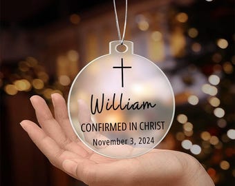 Placa de ornamento de acrílico personalizada, confirmado em Cristo, nome e data personalizados, religioso, decoração de Natal, presente de batismo cristão