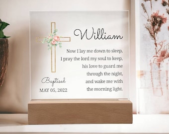 Personalized Baptism Acrylic Square Plaque for Him Her Boys Girls Custom Name Date Christian Catholic Religious Gift - Floral Cross