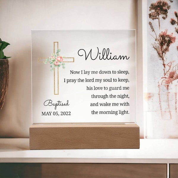 Personalized Baptism Acrylic Square Plaque for Him Her Boys Girls Custom Name Date Christian Catholic Religious Gift - Floral Cross