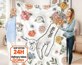 Personalized Mom Holding Hands Blanket with Kids Name, Best Mom Blanket from Daughter, First Mother's Day Blanket, Family Blanket for Nana