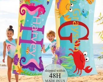 Custom Name Beach Towel，Personalized Kids Beach Towel，Seahorse Swim Towel，Gift For Girls/Boys，Crab  Fun Beach Towel,Sea Animal Pool Towel