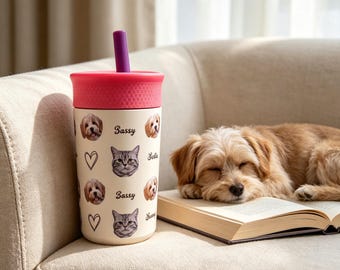 Personalized Dog Photo Tumbler, Custom Face Insulated Cup with Straw, 12oz Name Engraved Drinkware, Unique Gift for Dog Lovers & Pet Owners