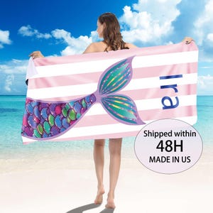 Custom Mermaid Beach Towels,Personalized Name Kids Beach Towel,Ocean Animal Design Towels,Monogrammed Beach Towels,Mermaid party favors