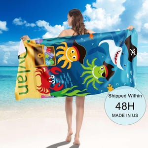 Custom Name Marine Beach Towel,Personalized Kids Beach Towel,Sea Animal Pool Towel,Whale Shark Beach Towel,Fun Beach Towel Design,Swim Towel