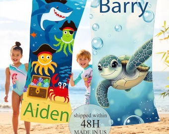 Custom Kids Beach Towel，Personalized Name Marine Pool Towel，Sea Turtles Swim Towel，Gift For Girls/Boys，Shark/Octopus/Crab  Fun Beach Towel