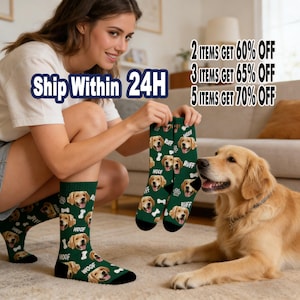 May include: Green socks featuring a repeating pattern of golden retriever faces, bones, and the words "Woof" and "Ruff." The text "Ship Within 24H" is visible. A golden retriever dog is also in the image.