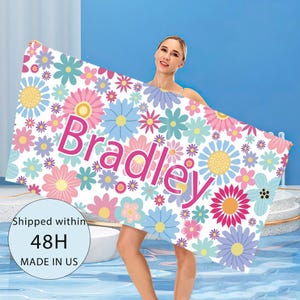 Custom Flower Beach Towels With Name,Personalized Daisies Retro Beach Towel,Monogrammed Swim Towel,,Birthday Gift For Girls,Kids Beach Towel