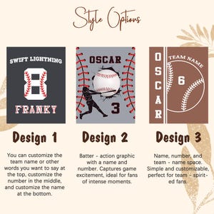 May include: Three different baseball-themed designs for a personalized t-shirt. Design 1 features the text "Swift Lightning" and "Franky" with a baseball number 8. Design 2 features the text "Oscar" and the number 3 with a baseball player hitting a ball. Design 3 features the text "Oscar" and "Team Name" with the number 6 and a baseball.