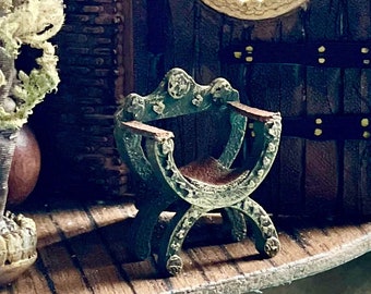 Miniature Savonarola Chair, Italian Renaissance / Medieval / Gothic Furniture, Dnd, Da Vinci, 1:48 Handmade-  in tiny shipping crate
