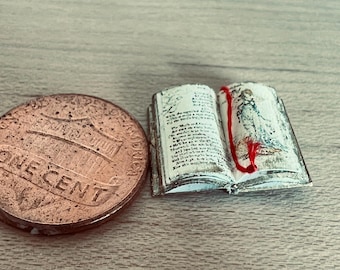 OPEN Teeny-Tiny Miniature Manuscript Reproduction Book, 1:48 For Dollhouse Library, Dnd, Gifts, bibliophile OOAK (red book cover)
