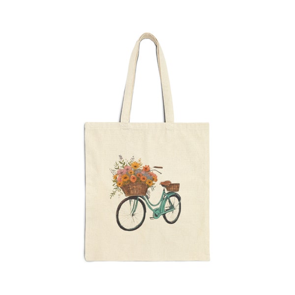 Stylish Bicycle and Flowers Tote Bag: Durable 100% Cotton Canvas with Vibrant Design - Perfect for Everyday Use