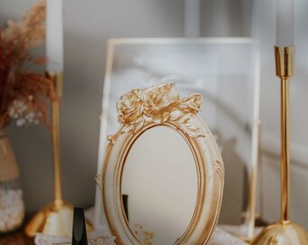 Rose Patterned, Freestanding Concrete Plexiglass Mirror, Gold Plexiglass Mirror, Nearby Mirror, Makeup Mirror