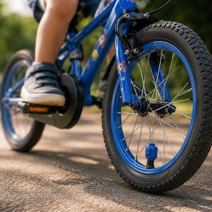 May include: A bright blue bicycle with a black chain guard and black tires. The frame features small rocket ship graphics. A blue plastic toy head with a smiling face is attached to the front tire valve stem, serving as a decorative valve cap.