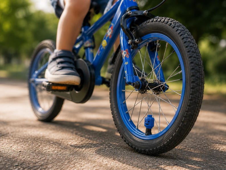 May include: A bright blue bicycle with a black chain guard and black tires. The frame features small rocket ship graphics. A blue plastic toy head with a smiling face is attached to the front tire valve stem, serving as a decorative valve cap.