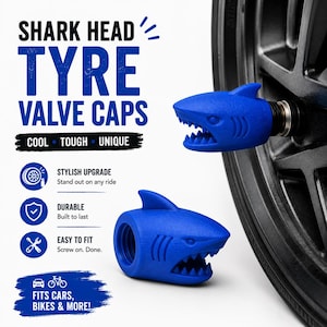 Puede incluir: Tapones de válvula de neumático con forma de cabeza de tiburón azul y acabado texturizado. Un tapón está colocado en una llanta negra y otro está situado al lado. El texto dice: SHARK HEAD TYRE VALVE CAPS, COOL TOUGH UNIQUE, STYLISH UPGRADE, DURABLE, EASY TO FIT, FITS CARS, BIKES & MORE!