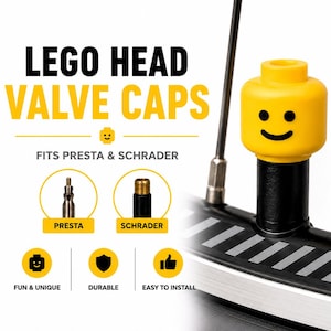 May include: Yellow LEGO head valve caps for bicycle tires. The text reads LEGO HEAD VALVE CAPS, FITS PRESTA & SCHRADER, PRESTA, SCHRADER, FUN & UNIQUE, DURABLE, and EASY TO INSTALL. The image shows a yellow head cap on a black bicycle tire valve.
