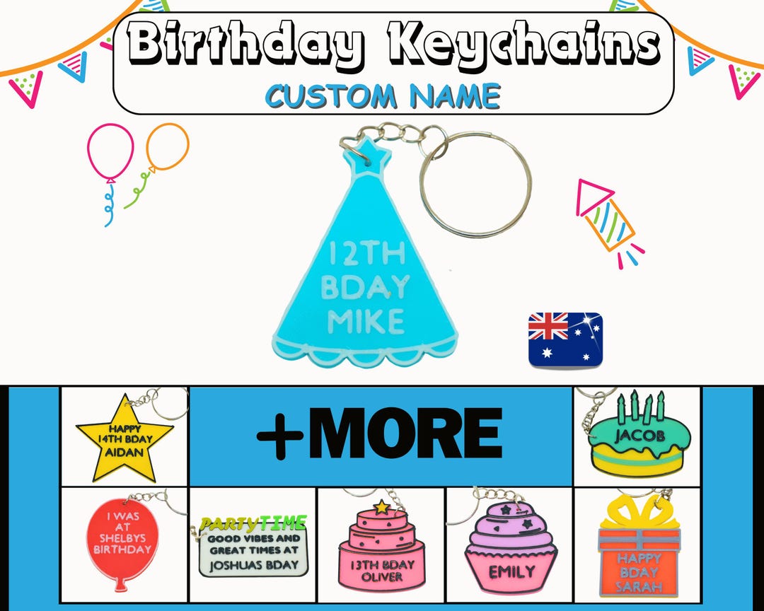 3d Printed BIRTHDAY Party Hat KEYCHAIN, Personalized Name Bag Tag and ...