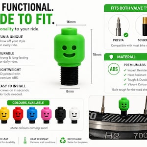 May include: A bright green bike tire valve cap shaped like a smiling head, measuring 19mm in height, 16mm in width, and 8mm at the base. The cap is compatible with both Presta and Schrader valves and is shown installed on a bicycle tire.