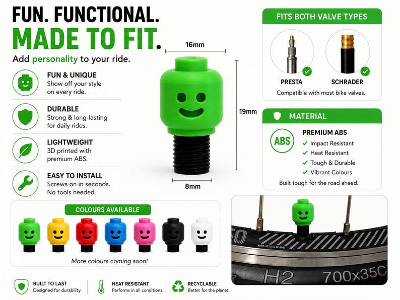May include: A bright green bike tire valve cap shaped like a smiling head, measuring 19mm in height, 16mm in width, and 8mm at the base. The cap is compatible with both Presta and Schrader valves and is shown installed on a bicycle tire.