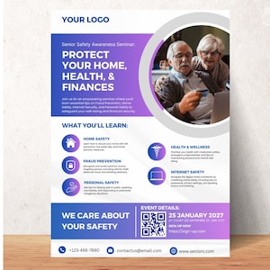 May include: A purple and blue flyer with a white border promoting a Senior Safety Awareness Seminar. The flyer features a photo of an older couple holding a credit card. The text on the flyer reads "Protect Your Home, Health, & Finances".