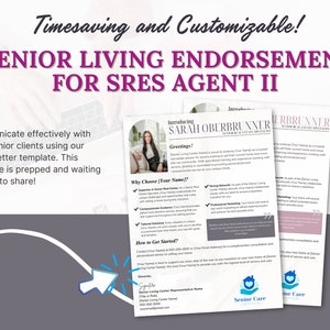 Może przedstawiać: Różowa i biała ulotka z tekstem "Timesaving and Customizable! Senior Living Endorsement for SRES Agent II" oraz zdjęciem kobiety z tekstem "Introducing Sarah Oberbrunner, SRES Real Estate Specialist".