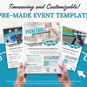 Puede incluir: Una plantilla de folleto para una clase gratuita de pickleball para personas mayores. El folleto es azul y blanco con una imagen de personas jugando al pickleball. El folleto incluye la fecha, la hora, la ubicación y la información de contacto. ¡No te lo pierdas! 28 de abril de 2024 9:00 AM - 11:00 AM
