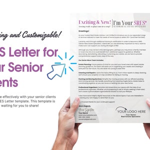 May include: A letter template for real estate agents who specialize in working with senior clients. The letter is titled "SRES Letter for Your Senior Clients" and includes a list of services offered, such as estate planning, cleaning and repairs, packing and moving services, and professional organizers. The letter also includes a logo and contact information for the real estate agent.