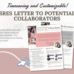 Może przedstawiać: Różowa i szara broszura z tytułem "SRES Letter to Potential Collaborators". Broszura reklamuje usługi dla specjalistów od nieruchomości dla seniorów, z tekstem "Partner with Us" i "To Serve Seniors".