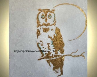 Owl Painting  Metallic Painting  Gallery Wrapped Art  Staple Free Sides Canvas MADE TO ORDER