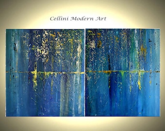 Large  Original Abstract Paintings, 48X30 Palette Knife  Fine Art Textured Blue  Paintings CUSTOM