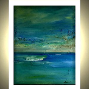 May include: Abstract painting of a seascape with a blue and green color scheme. The painting depicts a horizon with a blue sky and a green ocean. The sky is filled with white clouds and the ocean is textured with white waves.