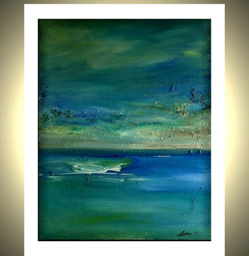 May include: Abstract painting of a seascape with a blue and green color scheme. The painting depicts a horizon with a blue sky and a green ocean. The sky is filled with white clouds and the ocean is textured with white waves.